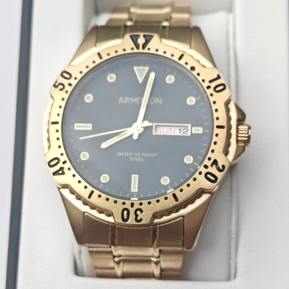 Men's Armitron Gold Tone Stainless Steel Scuba Diver Watch Date Black Dial New